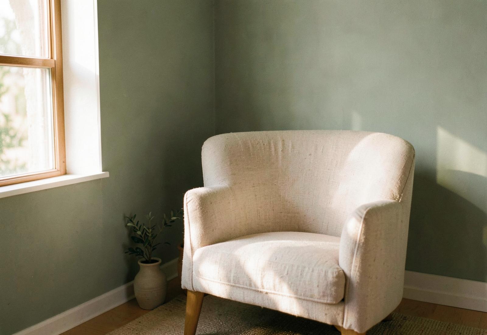 A quiet therapy room with a linen armchair and soft natural light